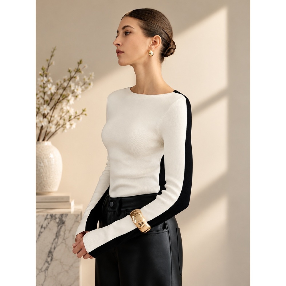 COMMENSE Black White Two Tone Colorblock Long Sleeve Knit Top Size M